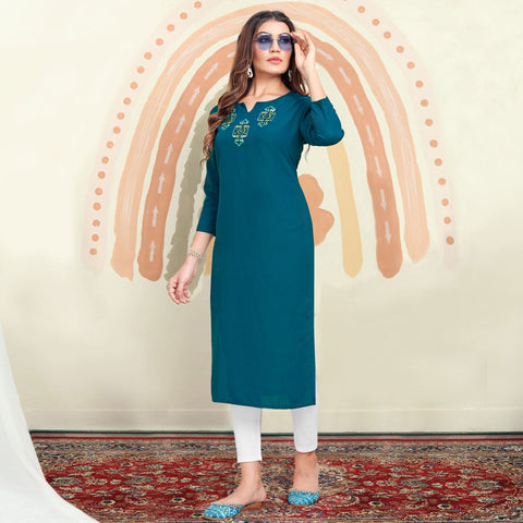 Women Cotton Embroidered Round Neck Straight Cut Blue Kurti EK37